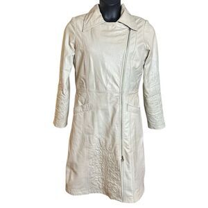 Margaret Godfrey Women's Vintage Cream Genuine Leather Beaded Trench Coat SZ M